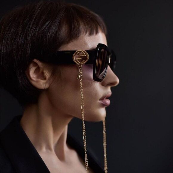 NEW Gucci GG1022S 005 Black Brown Square Chain Women Sunglasses - Picture 7 of 14